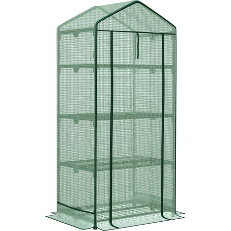 La mini serre Outsunny pour semis, avec son revêtement en feuille d'aluminium, ses 3 étagères, sa porte enroulable et ses bacs de culture de légumes. (1/5)