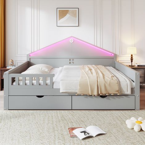 Lit - LED, Rangement - 140x200 cm - 2 Tiroirs de Rangement, LED par Smartphone - pin massif, Pin massif - Gris (1/5)
