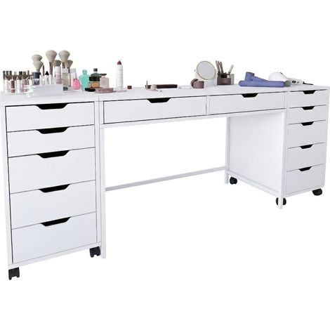 Toeletta Lagunare, Mobile da Trucco Specchio Incluso, 12 Cassetti, Luci Incluse, 200x55x77h cm Bianco