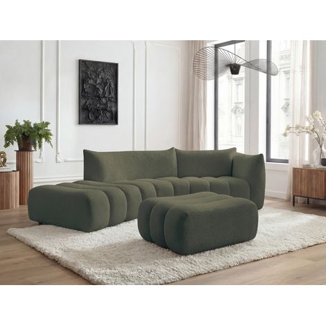 BOBOCHIC - Canapé incurvé fixe 4 places AZRA tissu bouclette avec pouf Angle droit  Vert