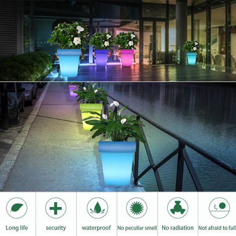 Pot de Fleur Lumineux Garden Lights avec Contrôle Sans Fil LED Coloré Matière PE+Télécommande IP65-68 Rechargeable USB pour Jardin Terrasse Fête Décoration Intérieur/Extérieur