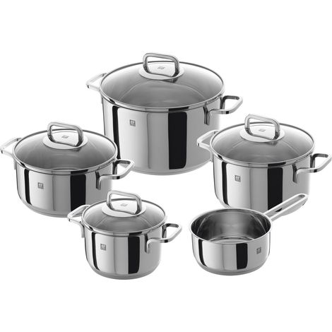 Set de casseroles, batterie de cuisine inox 5 pièces avec couvercles en verre, compatible induction, non revêtue, acier inoxydable, argent (1/5)