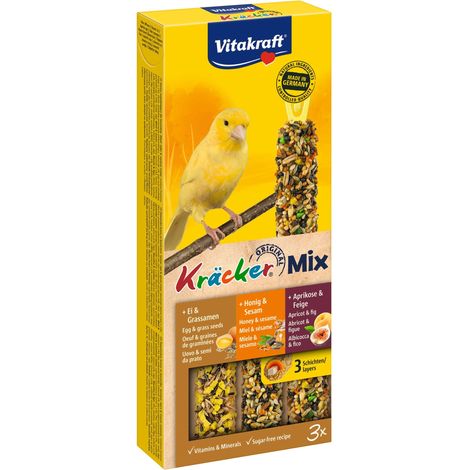 Vitakraft Kräcker Mix, snack uccelli, bastoncini da sgranocchiare, con uovo e semi da prato, con albicocca e fico, con miele e sesamo, per la cura del becco, senza zuccheri aggiunti (1x 80g) (1/5)