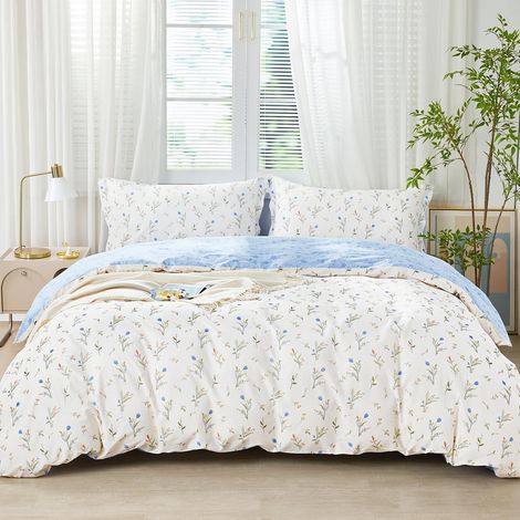 Bettwäsche 200x200 cm Baumwolle Blumenmuster Blau Botanisch 3-teilig mit Reißverschluss