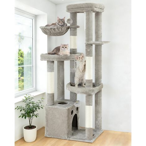 Arbre à Chat Grand Kratzbaum, Arbre à Chat XL Stable pour Grands Chats de 170 cm de Haut,Plusieurs étages Gris avec 4 poteaux à griffer, 6 balles en Peluche (1/5)