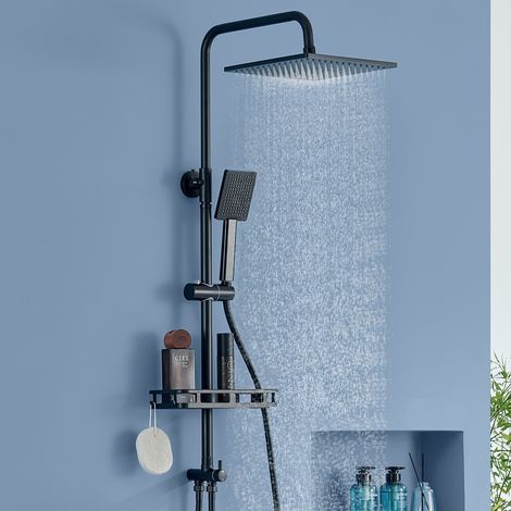 AURALUM MAX nero Sistema doccia in acciaio inox, colonne doccia a 2 funzioni senza raccordi, con doccetta, soffione quadrato, mensola e asta doccia regolabile in altezza