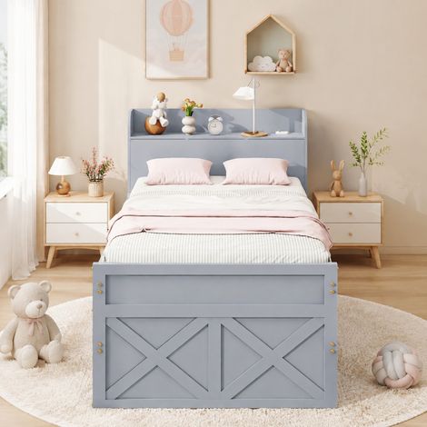Cama infantil 90x190 cm con cama nido y 2 cajones, gris, madera, sin colchón FloraGrace (1/5)