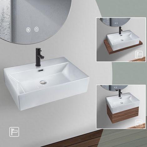 GBLY Waschbecken Badezimmer Aufsatzwaschbecken Keramik - Eckig Aufsatzbecken Bad Klein Waschschale Weiß Hängewaschbecken Mit Hahnloch Wandmontage Aufsatz Mit Überlauf Breit 51x42x15cm für Gäste-WC