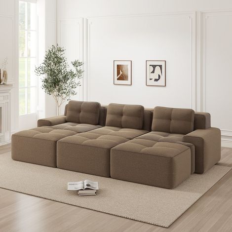 Sofá modular en U de 293 x 177 x 69 cm - Sofá esquinero de 3 plazas con 3 pufs otomanos de terciopelo acanalado y asiento profundo - Marrón (1/5)
