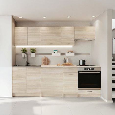 Cucina completa Camerino, Set compatto e funzionale con ante e cassetto, Rovere