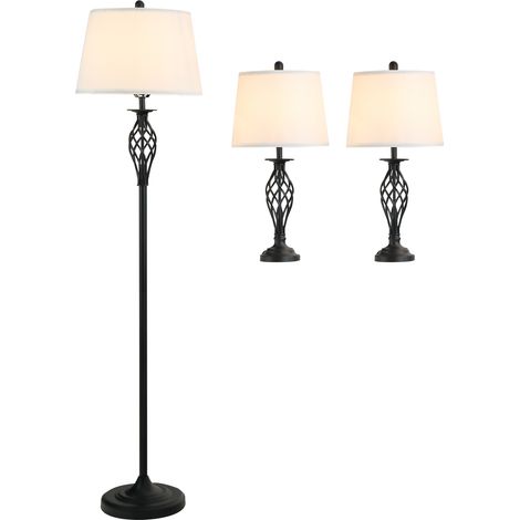 Ensemble de 3 lampes : 2 lampes de table (ø38 x 158H cm) + 1 lampadaire (ø30 x 62H cm), lampadaire vintage avec interrupteur au pied, lampe de lecture pour salon ou chambre, en métal noir et blanc