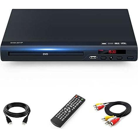 Lecteur DVD Full HD 1080p avec HDMI pour TV, lit tous formats et régions, port USB, compatible DVD/CD multi-formats, télécommande et câbles AV/HDMI inclus. (1/3)