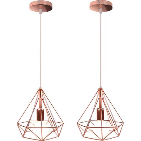 Suspension Luminaire Industrielle 25cm 2 Pack Rétro Lustre Cage Diamant en Métal Plafonnier Luminaire Couloir Chambre Or Rose