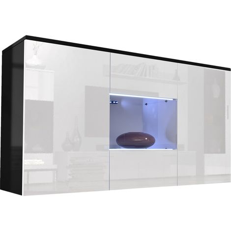 Aparador de salon con LED colgante 2 puertas 1 vitrina Aparador de cocina Mueble de salon 120x70x40cm Modelo Nora A2 Negro con Blanco brillo (1/5)