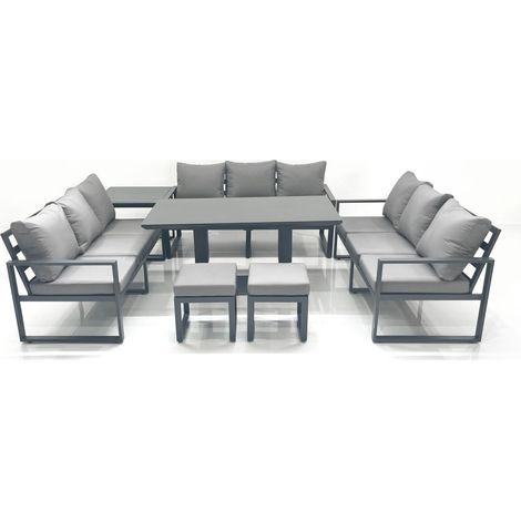 Fimous 11 Seater Garden Sofa Set Aluminium Furniture Rising Dining Tabe Set with Side Table 2 Small Footstools Dark Grey (1/5)