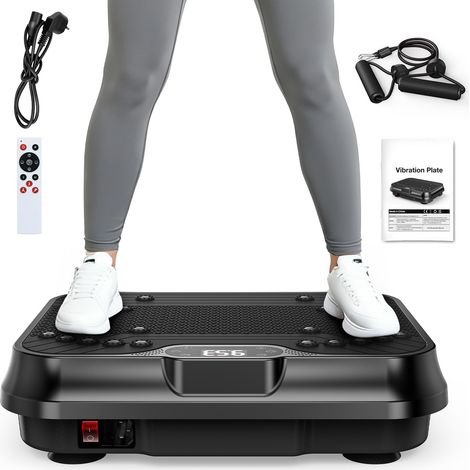 Piattaforma vibrante fitness con 2 bande elastiche – 250 livelli di vibrazione – Con modalità automatica – display a LED – con telecomando – fino a 150 kg – Nero