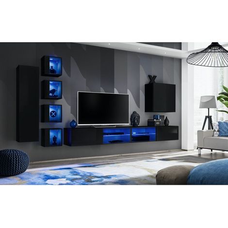 Ensemble meuble TV mural Switch XXVI - L 320 x P 40 x H 150 cm - Noir - Livraison gratuite