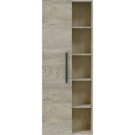 Pegane – Colonne de salle de bain suspendue 1 porte Alaska chêne à nœuds – Hauteur 135 cm x Longueur 51 cm x Profondeur 25 cm – 5 niches de rangement