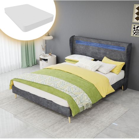 Lit double adulte 140x200 cm en tissu et métal gris, LED moderne pour chambre FLORAGRACE (1/5)