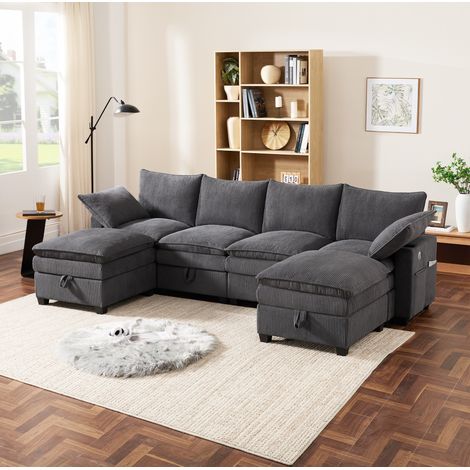 Sofá modular 280x151x82 cm gris en pana con almacenaje, USB, portavasos y 2 pufs (1/5)