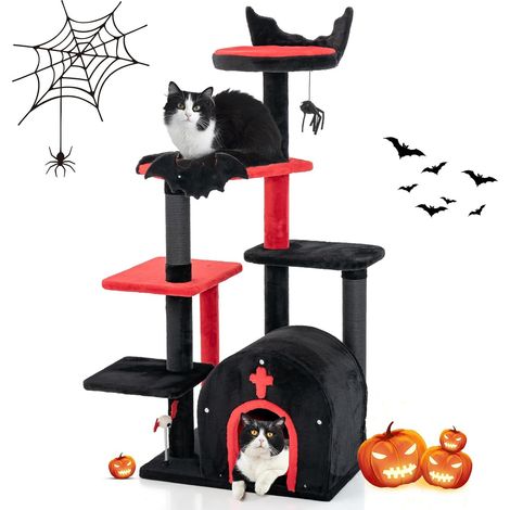 GOPLUS Arbre a Chat Style Gothique, Hauteur 133 CM, Arbre a Chat XXL à 6 Niveaux avec Poteaux à Gratter Sisal, Perchoir, Hamac, Niche Forme Coffin avec Coussin Amovible, Jouet Suspendu, Rouge et Noir (1/5)