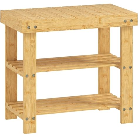 Panca porta scarpe in bambù, scarpiera con 2 ripiani e seduta, per corridoio, ingresso, 50x28x45 cm, naturale. Disponibile in loco. (1/5)