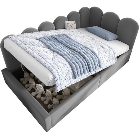 Lit capitonné jour 90x190, banquette avec coffre hydraulique, lit enfant sommier métal, velours, gris, matelas non inclus, gain de place, pour chambre enfant (1/5)