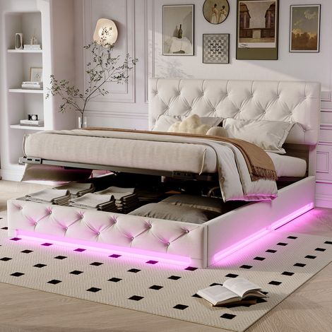 Lit coffre 140 x 200 avec sommier,lit 140 x 200 avec rangement et éclairage LED,lit double avec sommier à lattes en bois,lit hydraulique,tête de lit réglable en hauteur,lin beige (1/5)