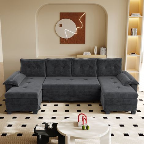 Canapé convertible en U de chenilla gris 278 cm con cama extraíble, USB y reposabrazos desmontables
