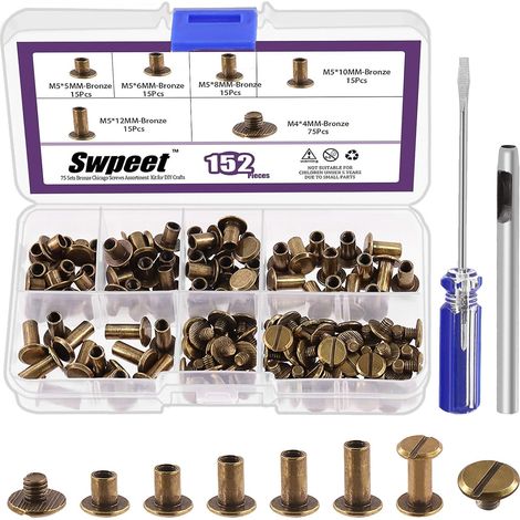 152 pièces m5x5mm, 6mm, 8mm, 10mm, 12mm bronze vis rivets en cuir avec poinçon et tournevis rond tête plate goujons à double tête pour bricolage cuir artisanat (1/5)