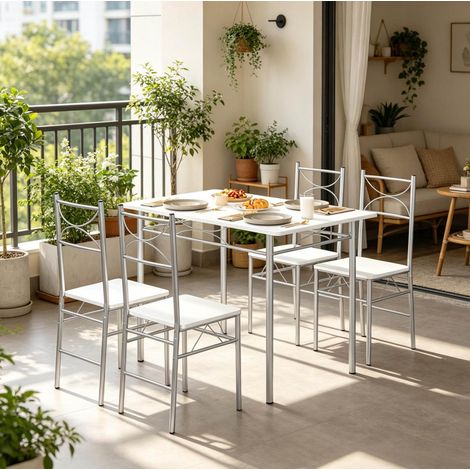 Set tavolo e sedie da pranzo 5 pezzi, 1 tavolo e 4 sedie, in MDF e metallo, bianco e argento HAVRYA (1/5)