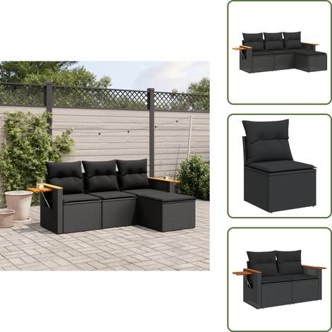 4-tlg. Garten-Sofagarnitur mit Kissen Schwarz Poly Rattan - Gartensofas - Outdoor Möbel - Gartenmöbelset - Rattan Gartenmöbel - Lounge Set (1/5)