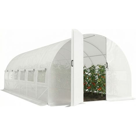 Outsunny invernadero de túnel 6x3x2 m con puerta con bisagras, 12 ventanas de malla, estructura de acero galvanizado, anti-uv, para cultivos, blanco