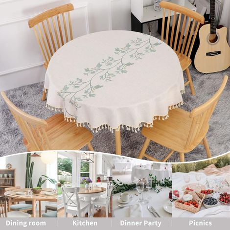 Runde Tischdecke aus Leinen und Baumwolle (140 cm), fleckenabweisend, waschbar, beige, mit gestickten grünen Blättern und Quasten, für Geburtstage, Hochzeiten, Esszimmer und Couchtische