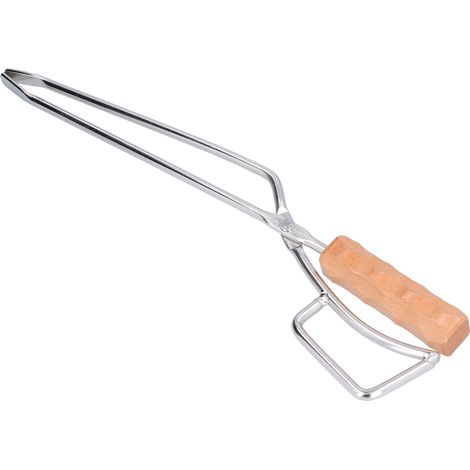 Pince à bûches avec manche en bois de hêtre et pince en acier inoxydable résistant aux hautes températures, idéale pour le camping et les pique-niques en plein air. (1/5)
