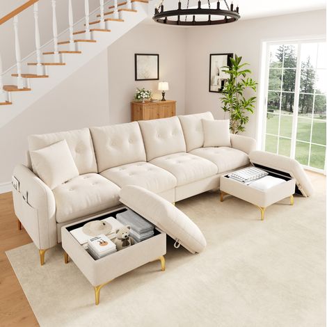 Sofá cama modular de 4 plazas en tela beige con 2 pufs de almacenamiento, bolsillo lateral y cojines decorativos para salones muy versátiles – CHICFURN (1/5)
