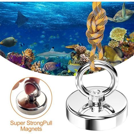 Magnete da pesca estremamente potente, diametro 75 mm, forza di trazione 230 kg, gancio magnetico per pesca con magnete, recupero fluviale, avventure all'aria aperta con corda da 6 mm x 10 m (1/2)