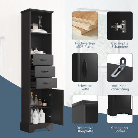 Meuble de salle de bain haut 38 x 26 x 172,5 cm, laqué intégralement anti-humidité, 3 tiroirs + 2 étagères ouvertes + portes, tablettes réglables, noir. (1/5)