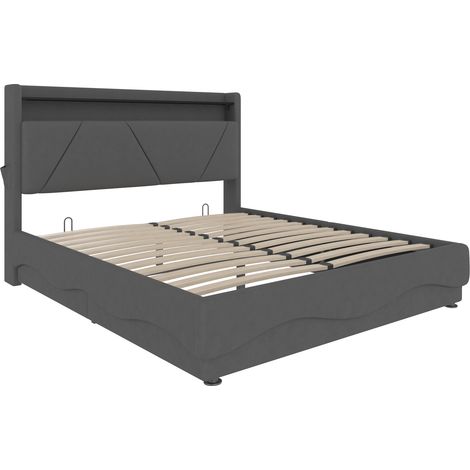 Letto capitonné 140 x 200 cm grigio scuro con LED, contenitore e porte USB Type-C (1/5)