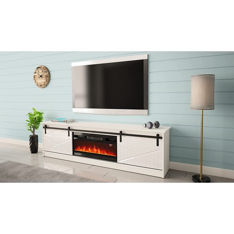 MOBILE TV CON CAMINETTO ELETTRICO GRANERO INCORPORATO cm200x35x57 BIANCO LUCIDO