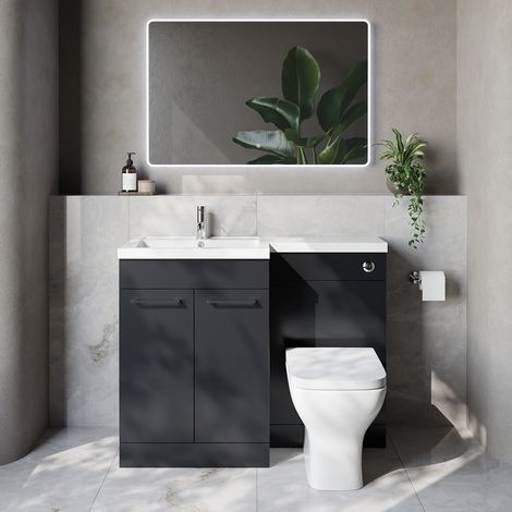 Napoli 460 Gloss Grey 1100mm 2 Door Vanity Unit Toilet Suite with Left Hand Square Lucia Basin - 1100mm - Chrome 160mm HandleWith Kingston Toilet Pan and Seat