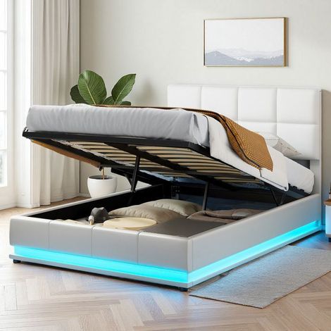 Letto 140x190 cm - LED - idraulico - scandinavo - tessuto PU - struttura letto matrimoniale 140x190 cm - Bianco (1/5)