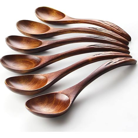 Lot de 6 cuillères en bois de style janpanais pour soupe ou porridge - 17,5 x 4,5 cm - Légères - Ustensiles de cuisine pour manger, mélanger, mélanger et cuisiner (1/5)