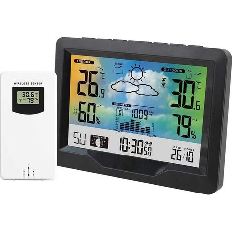 Station météo sans fil rose avec horloge numérique, thermomètre extérieur, écran LCD pour les prévisions météo et les phases lunaires (1/5)