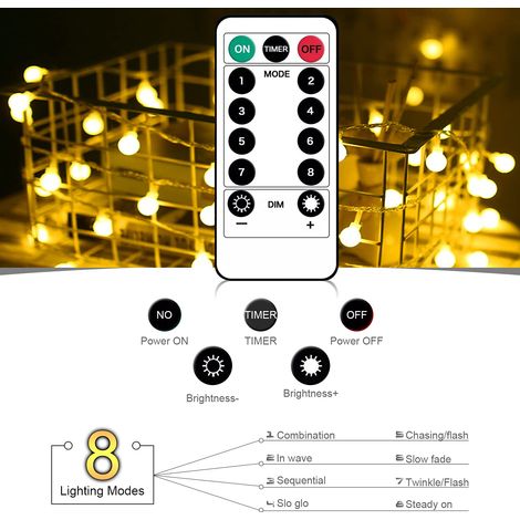 Guirlande Lumineuse Étanche, 10m 80LEDs Guirlande lumineuse LED à Pile, Exterieure IP65, 8 Modes avec Télécommande Idéale pour le Balcon (Blanc Chaud) (1/5)