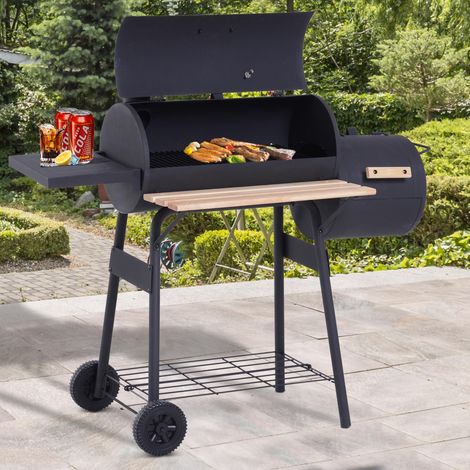 Barbecue affumicatore a carbone Outsunny con supporto, coperchio, ruote, termometro, ripiani, acciaio laminato a freddo, nero.