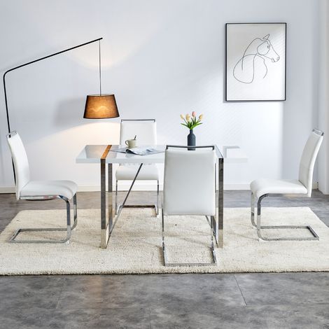 Lot de 4 chaises modernes de salle à manger,dossier simili cuir et lin à rayures croisées,rembourrées,pour cuisine et bureau d’invités,blanc.