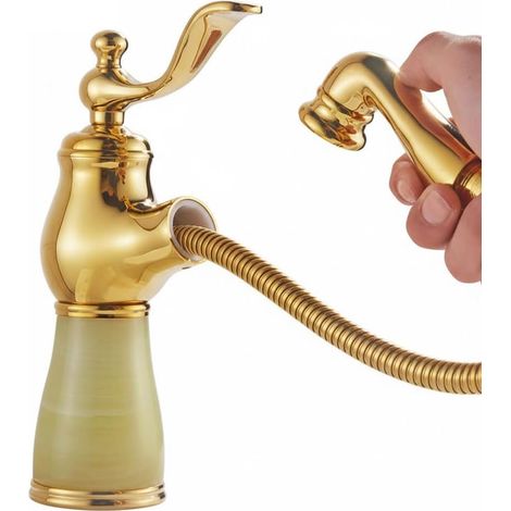 Grifo para lavabo de un solo orificio con cabezal extraíble y monomando, para agua fría y caliente (verde, dorado B corto) (1/5)