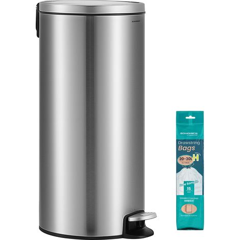 Poubelle 30 L, Rond, avec 15 Sacs Poubelles, Pédales en Métal, Seau Amovible en Plastique, Poignée, Couvercle à Fermeture en Douceur, en Acier Inoxydable, Argent (1/5)