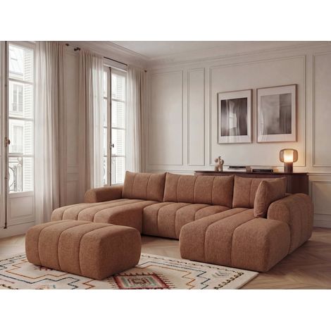 BOBOCHIC - Canapé panoramique fixe NESTY tissu chiné avec pouf Angle gauche  Orange